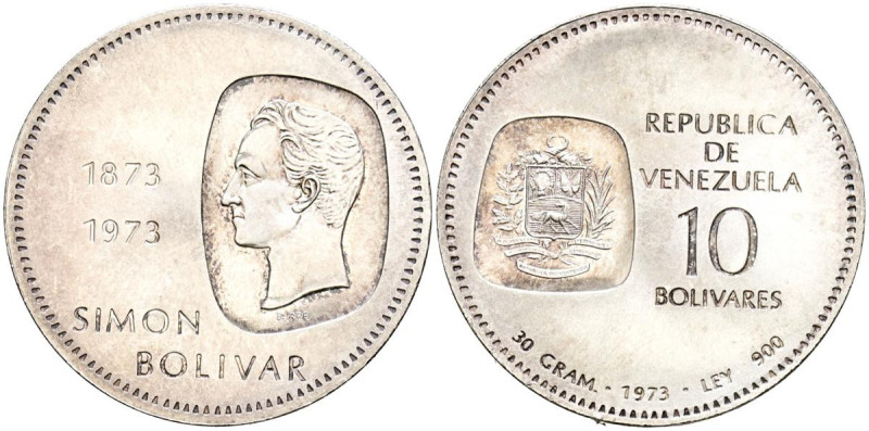 VENEZUELA. 10 Bolívares. (Ar. 30,20g/39mm). 1973. Centenario de la efigie de Sim...