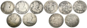 MONARQUÍA ESPAÑOLA. Interesante conjunto formado por 5 monedas de 8 Reales acuñados durantes los reinados de Carlos IV (4) y Fernando VII (1) en las c...