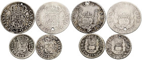 MONARQUÍA ESPAÑOLA. Interesante conjunto formado por cuatro columnarios de módulo de 1 y 2 Reales acuñados bajo los reinados de Felipe V (1735 México)...