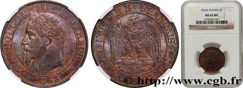 SECOND EMPIRE
Type : Cinq centimes Napoléon III, tête laurée 
Date : 1863 
Mint ...