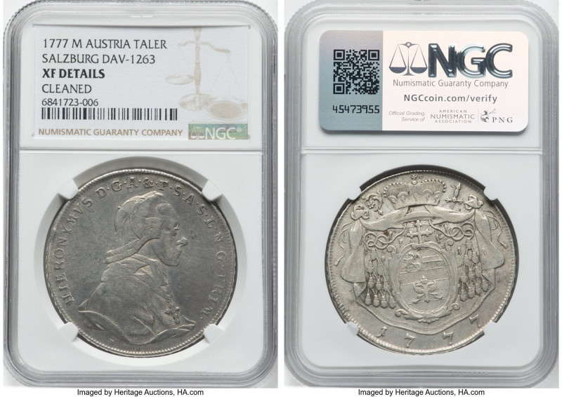 Salzburg. Hieronymus Taler 1777-M XF Details (Cleaned) NGC, KM435, Dav-1263. HID...