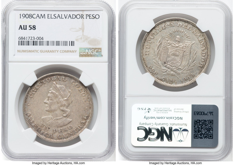 Republic Peso 1908-C.A.M. AU58 NGC, San Salvador mint, KM115.1. HID09801242017 ©...