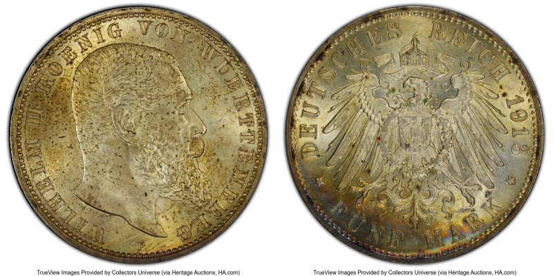 Württemberg. Wilhelm II 5 Mark 1913-F MS62 PCGS, Stuttgart mint, KM632, J-176. H...