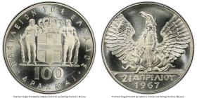 Constantine II silver 100 Drachmai 1967-Dated (1970) MS68 PCGS, KM94. Struck in commemoration of the April 21, 1967 revolution. Exceptionally well-pre...