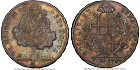 Papal States - Bologna. Revolutionary Government 10 Paoli (Scudo) 1797 XF 45 NGC, KM339, Dav-1359. Dark, vibrant rainbow toning adorn this popular Mad...