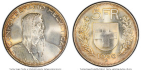 Confederation 5 Francs 1926-B MS66 PCGS, Bern mint, KM38. This coin is a remarkable gem, conservatively graded. The steel gray surfaces, accented with...