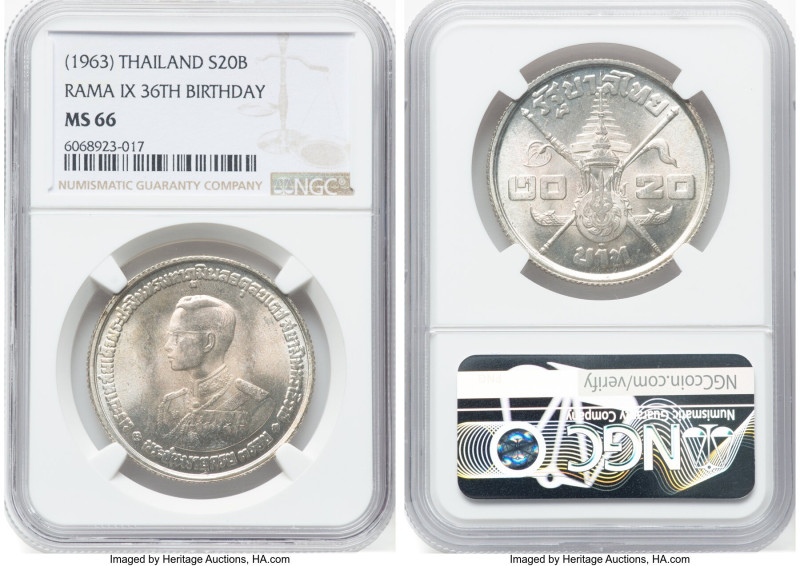 Rama IX silver "Rama IX - 36th Birthday" 20 Baht ND (1963) MS66 NGC, KM-Y86. Kin...