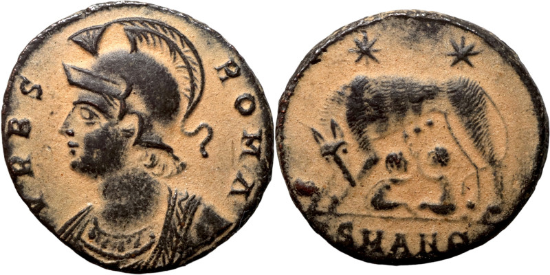 Constantinus I. (306-337 AD). Æ Follis. Obv: VRBS ROMA. helmeted bust of Constan...