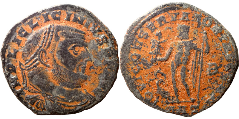 Licinius I. (321-323 AD). Follis. Obv: IMP C VAL LICIN LICINIVS P F AVG. laureat...