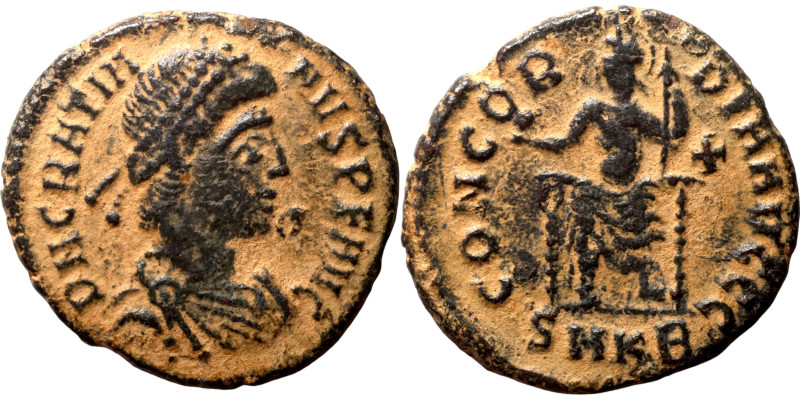 Gratian. (367-383 AD). Æ Follis. Antioch. Obv: D N GRATIANVS P F AVG. pearl-diad...