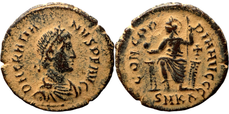 Gratian. (367-383 AD). Æ Follis. Obv: D N GRATIANVS P F AVG. pearl-diademed bust...