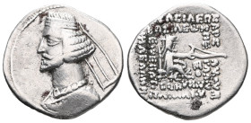 Parthian Kingdom. Orodes II, 57-38 BC. Silver Drachm (3.98g). Diademed bust of Orodes II left, flanked by star (off flan) and crescent. Reverse: Arsak...