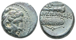 Greek CoinsAlexander III, 336 – 323 and posthumous issuesBronze, Macedonia 336-323. Head of Heracles r., wearing lion’s skin headdress. Rev. ALEXANDPO...