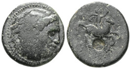 KINGS OF MACEDON. Alexander III 'the Great' (336-323 BC). Ae. Macedonian mint.Obv: Head of Herakles right.Rev: AΛΕ / B.Horseman riding right; in field...