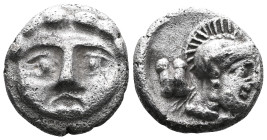 Ancient Greece Selge (Pisidia) Obol 370 - 360 BCSNG Cop# 254; Silver 0.92 g.; Obv: Gorgoneion facing. Rev: Helmeted head of Athena right; VG .Conditio...