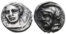 CILICIA, Tarsos. Time of Pharnabazos and Datames, circa 380-370 BC. Obol (Silver). Female head facing slightly to left, hair in ampyx, wearing single-...
