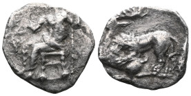 Greek CILICIA. Tarsos. Mazaios (Satrap of Cilicia, 361/0-334 BC). Obol.Artaxerxes III (in the guise of Baaltars) seated right on throne with back term...