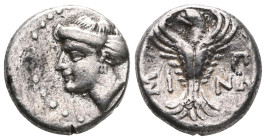 GreekPAPHLAGONIA. Sinope. Late 4th-3rd century BC. Hemidrachm (Silver). Head of a nymph to left, her hair bound in sakkos, wearing triple-pendant earr...