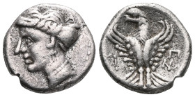 GreekPAPHLAGONIA. Sinope. Late 4th-3rd century BC. Hemidrachm (Silver, 15 mm, 2.82 g, 12 h). Head of a nymph to left, her hair bound in sakkos, wearin...