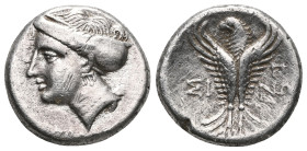 GreekPAPHLAGONIA. Sinope. Late 4th-3rd century BC. Hemidrachm (Silver). Head of a nymph to left, her hair bound in sakkos, wearing triple-pendant earr...
