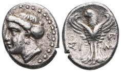 GreekPAPHLAGONIA. Sinope. Late 4th-3rd century BC. Hemidrachm (Silver, 15. Head of a nymph to left, her hair bound in sakkos, wearing triple-pendant e...
