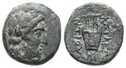 GreekIONIA. Smyrna. (1st century BC).AE Bronze Obv: Laureate head of Apollo rightRev: Lyre Condition: VF.