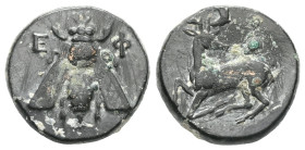 GreekIONIA. Ephesos. Circa 390-320/00 BC. Ae (bronze), uncertain magistrate. [E-Φ] Bee. Rev. [magistrate] to left, Stag kneeling left, head to right; ...