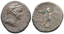 GreekPONTOS. Amisos. Time of Mithradates VI Eupator, circa 85-65 BC. (Bronze). Bust of Amazon to right, wearing wolf skin headdress. Rev. AMIΣOY Nike ...