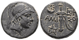 GreekPontos. Amisos. (85-65 BC) Æ Bronze. Obv: head of Ares with corinthian helmet left. Rev: sword in scabbarb. Condition: VF.