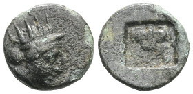 GreekISLANDS off CARIA. Rhodos. Rhodes (Circa 404-circa 385 BC)AE Bronze Obv: Head of nymph of Rhodes right.Rev: Rose with buds to left and right.