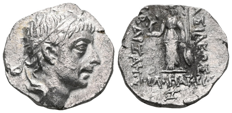 Greek
Kingdom of Cappadocia. Ariobarzanes III Drachm. 52-42 BC.
Diademed, bear...