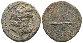 GreekPHRYGIA. Abbaitis (Circa 2nd-1st century BC)AE Bronze Laureate head of Zeus right / MYΣΩN ABBAITΩN. Thunderbolt within wreath; below, monogram.SN...