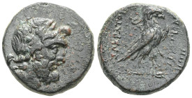 Greek: Calabria - Seleucid Empire
Bruttium, The Brettii AE. Circa 214-211 BC. Laureate head of Zeus to right / Eagle with spread wings standing to ri...
