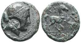 GreekIonia, Kolophon AE ca 285-190 BC Telegonos, magistrate.Obv: Laureate head of Apollo right.Rev: KOΛ THΛEΓONOΣ, galopping horse right.Milne, Coloph...