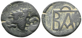 GreekKINGS OF BOSPOROS. Polemo I (circa 14/3-10/9 BC). Pantikapaion.AE Bronze Obv: Winged head of Medusa to right. c/m'sRev: Monogram of Polemo.
