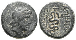 GreekGreek, MYSIA, Pergamon, Civic Issue (Circa 200-113 BC) AE Bronze Obv: Laureate head of Asclepios (or Zeus) rightRev: ΑΣ - ΚΛΗΠ[ΙΟΥ] / ΣΩΤΗΡ[ΟΣ], ...