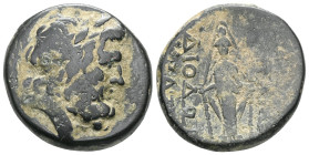 Phrygia, Apameia, AE (Bronze), ca. 88-40 BC. Obv: Laureate head of Zeus right.
Rev: AΠAM[E] - HPAKΛE[I] - ЄΓΛ[O], cult statue of Artemis Anaïtis faci...