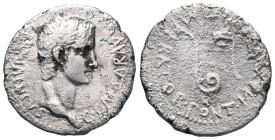 CAPPADOCIA, Caesarea. Gaius (Galigula). 37-41 AD. AR Drachm . Bare head right / IMPERATOR P M A[VGV]R TR POT, simpulum and lituus. RPC I 3624 var. (le...