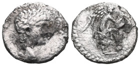 Nero AR Hemidrachm of Caesareia, Cappadocia. AD 54-68. Laureate head right / Nike seated left on globe, holding wreath. Sydenham, Caesarea 82 Very Fin...