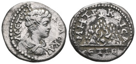 CAPPADOCIA, Caesaraea-Eusebia. Geta, as Caesar, 198-209. Drachm (Silver), year 16 = 207-208. CЄΠTI ΓЄTAC KAI Bareheaded, draped and cuirassed bust of ...