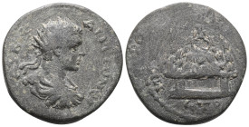 CAPPADOCIA, Caesarea-Eusebia. Elagabalus. AD 218-222. Æ . Dated RY 2 (AD 219/20). Radiate, draped, and cuirassed bust right / Agalma of Mt. Argaeus se...