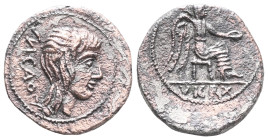 Roman RepublicanMarcius Porcius Cato, 89 BC. Quinarius (Silver) Rome. M.CATO (AT linked) to left. Head of Liber right wearing ivy wreath, symbol below...
