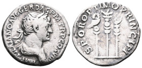 Trajan, 98 - 117 ADSilver Denarius,Obverse: IMP TRAIANO AVG GER DAC P M TR P COS VI P P, Laureate and draped bust of Trajan right.Reverse: S P Q R OPT...