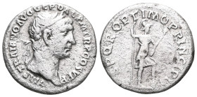 Trajan (98-117). AR Denarius . Rome, 116-117. Laureate, draped and cuirassed bust r. R/ Virtus standing r., l. foot resting on helmet, holding reverse...