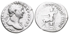 Trajan (98-117). AR Denarius . Rome, 108-9. Laureate bust r., slight drapery. R/ Roma seated l., holding Victory and spear. RIC II 116; RSC 69. VF