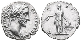 Antoninus Pius AR Denarius. Rome, AD 153-154. ANTONINVS AVG PIVS P P TR P XVI, laureate head right / COS IIII, Annona standing left, holding two grain...