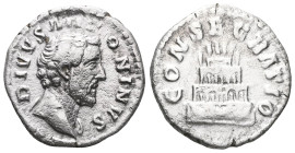 Divus Antoninus Pius AR Denarius. Rome, AD 161. Bareheaded bust right, slight drapery / Funeral pyre decorated with garlands and surmounted by statuar...