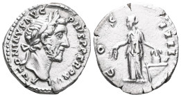 Antoninus Pius AR Denarius. Rome, AD 153-154. ANTONINVS AVG PIVS P P TR P XVI, laureate head right / COS IIII, Annona standing left, holding two grain...