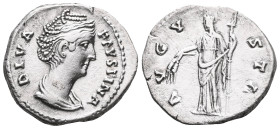 Diva Faustina AR DenariusDiva Faustina (+141 AD). AR Denarius , Roma (Rome).Obv. DIVA FAVSTINA, draped bust right.Rev. AVGVSTA, Venus standing left, h...