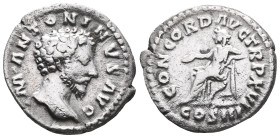 Marcus Aurelius AR Denarius, Concordia reverseMarcus Aurelius (161-180 AD). AR Denarius , Rome, 161-162 AD.Obv. IMP M AVREL ANTONINVS AVG, Bare head r...